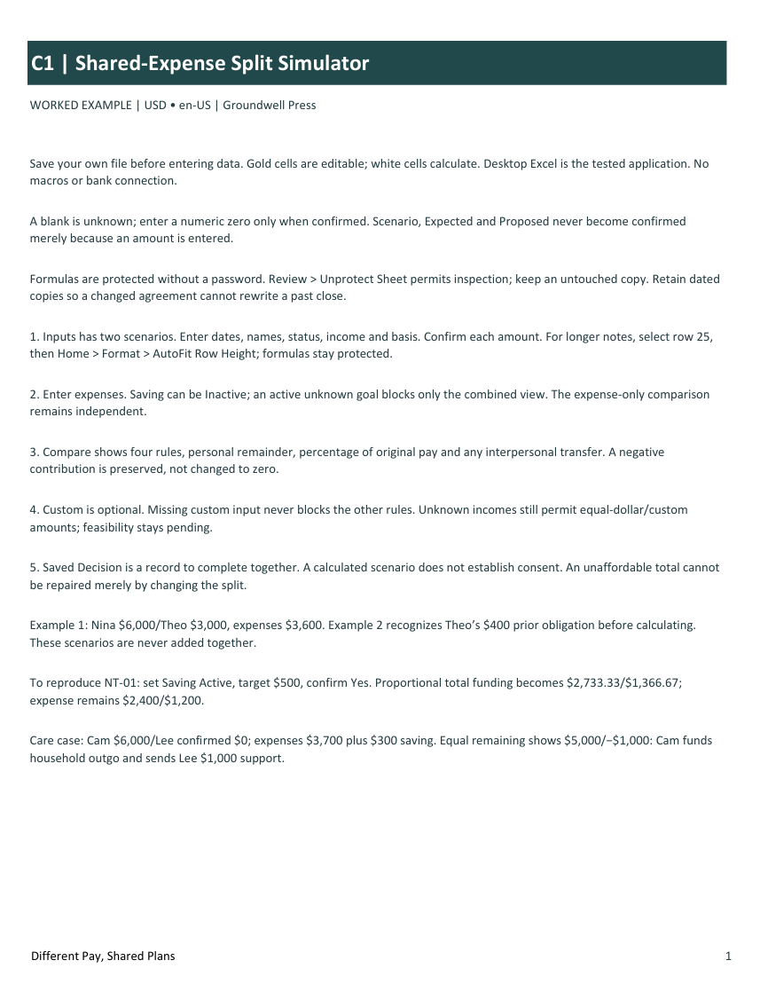 Shared-Expense Split Simulator: fictional worked example — current printable instructions and planning view