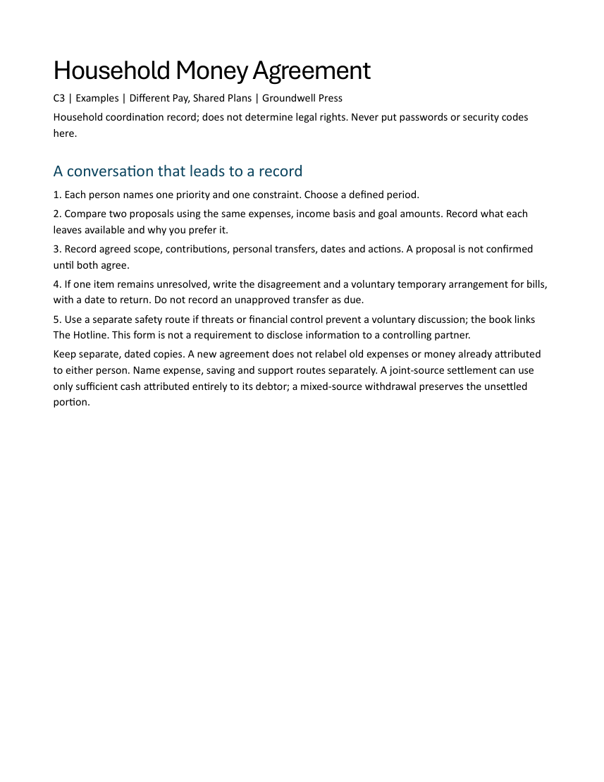 Household Money Agreement: fictional worked example — current printable instructions and planning view