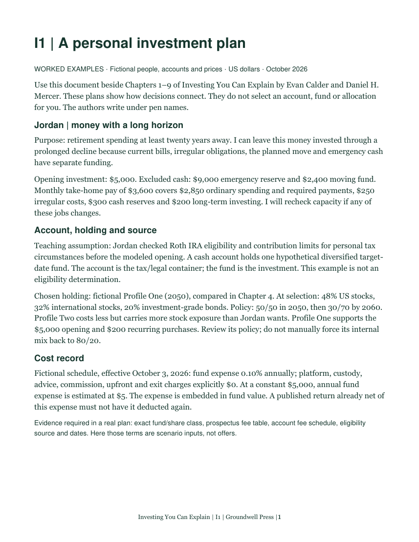 Personal Investment Plan: fictional worked example — current printable instructions and planning view