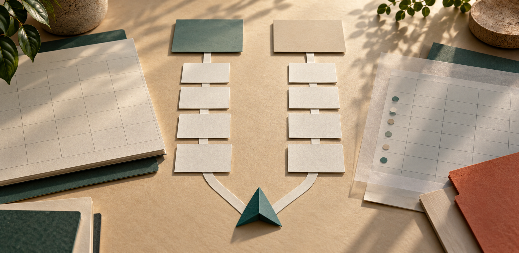 Text-free paper composition with two parallel planning paths, blank calendar grids, and a central teal marker