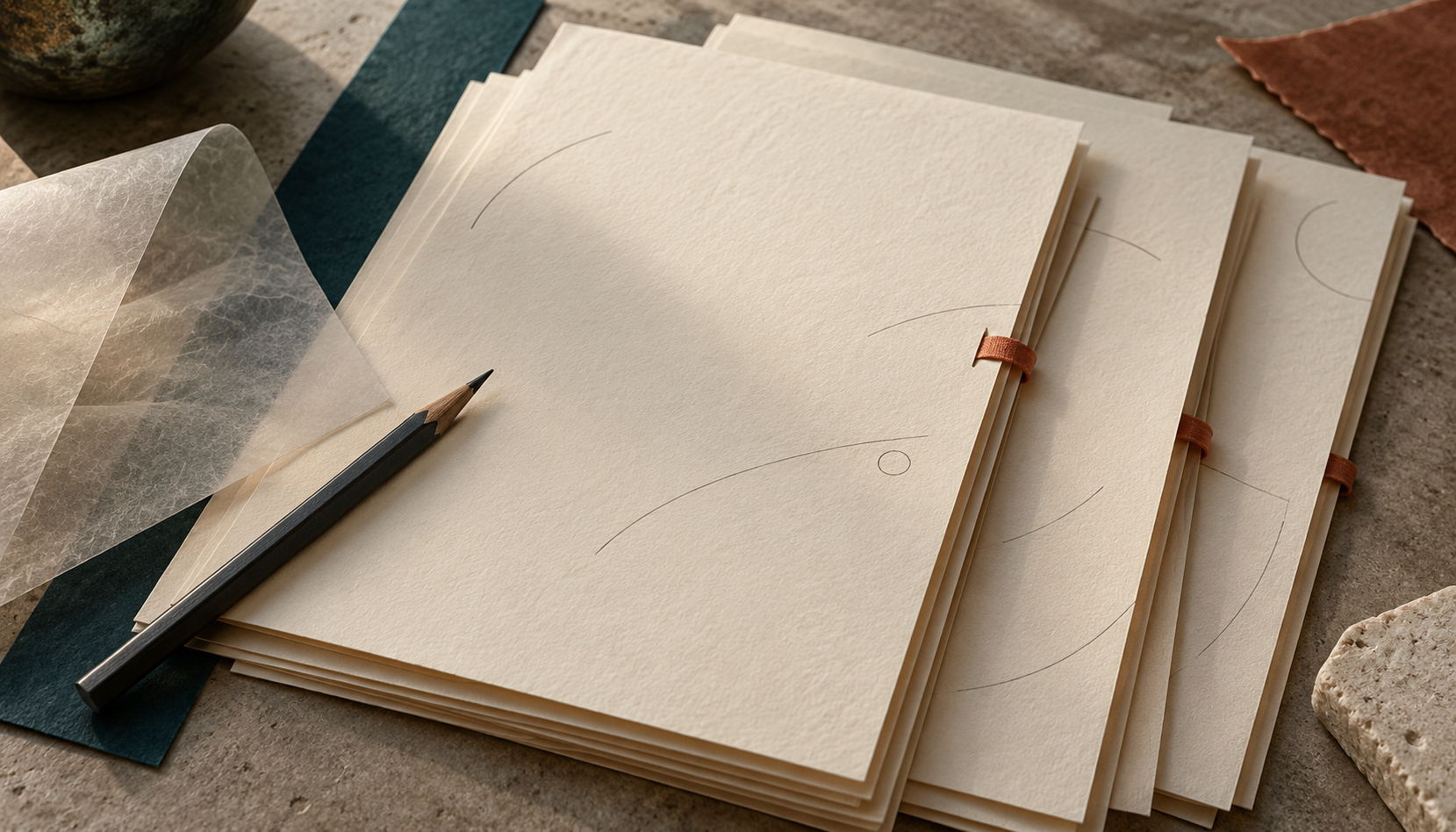 Text-free layered manuscript pages with graphite revision marks, a pencil, and coral page tabs